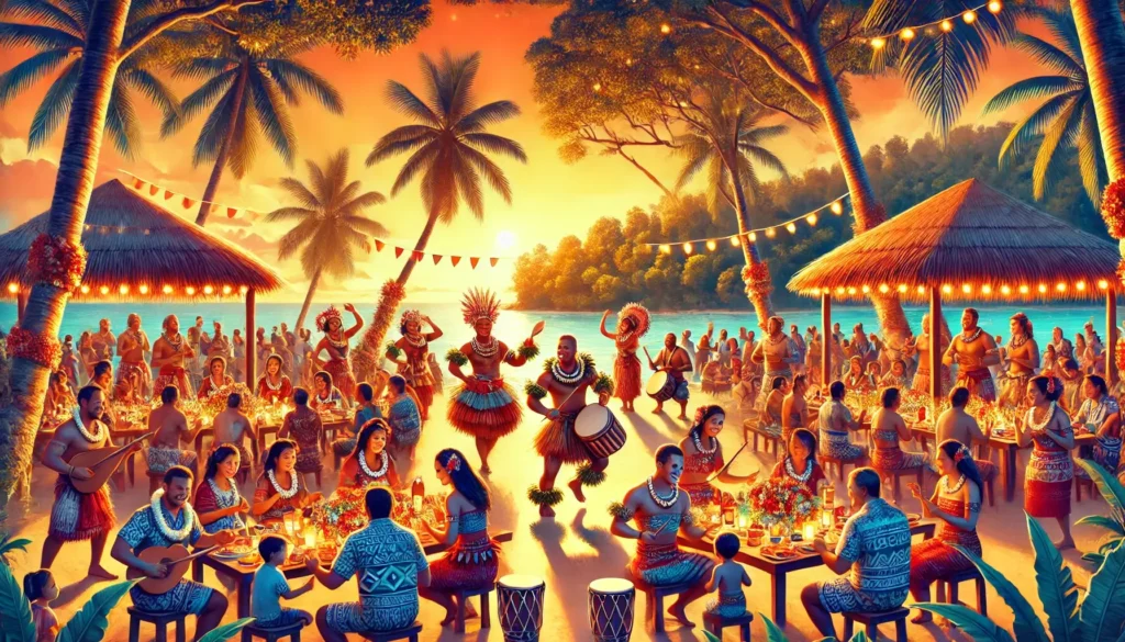 a vibrant New Year's celebration in Samoa. It captures traditional dances, music, and festive meals against a beautiful island backdrop