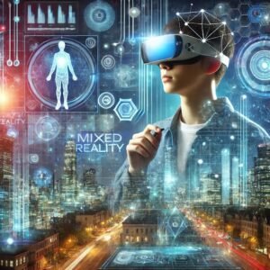 A person using AR glasses and a mixed reality headset in a futuristic cityscape, blending holographic digital interfaces with real-world elements