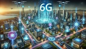 Futuristic city showcasing 6G technology with smart devices, glowing signals, and advanced connectivity.