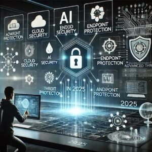 Futuristic image of a person interacting with an AI-driven security system, with digital icons representing data protection, AI, and advanced cybersecurity measures like cloud security and endpoint protection. The background features a digital network of interconnected devices