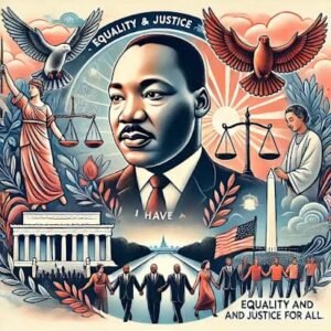Illustration of Martin Luther King Jr. surrounded by symbols of peace, justice, and unity, including doves, the scales of justice, and a diverse group of people holding hands, with the Lincoln Memorial and a sunrise in the background