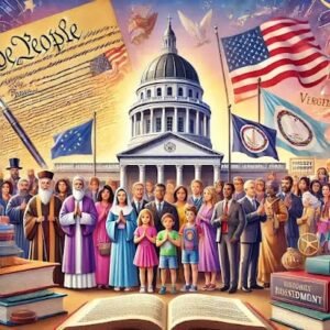 National Religious Freedom Day| A Celebration of Liberty and Tolerance Illustration for National Religious Freedom Day showing diverse people representing various religions standing together with the U.S. Constitution and Virginia State Capitol in the background, symbolizing unity, liberty, and the First Amendment.