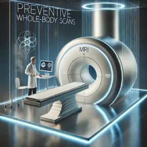 Futuristic healthcare setting showcasing advanced MRI technology for preventive whole-body scans, with a medical professional guiding a patient in a high-tech diagnostic room