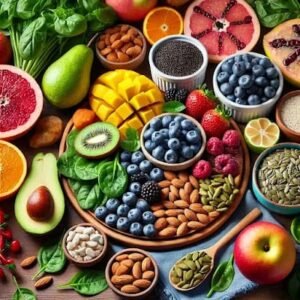 Colorful array of tropical fruits like guava, mango, and berries alongside anti-inflammatory foods such as spinach, almonds, and seeds, arranged on a wooden table, emphasizing wellness and plant-based nutrition
