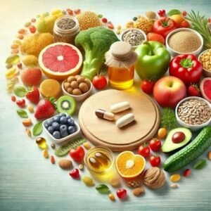 How to Lower Cholesterol and Triglycerides: The Best Medications An assortment of heart-healthy foods including fresh fruits, vegetables, whole grains, nuts, seeds, and fish oil capsules, symbolizing a balanced diet to lower cholesterol and triglycerides. The image also includes a pill bottle and heart icon representing medications for cholesterol management