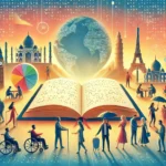 An illustration celebrating World Braille Day, featuring diverse individuals engaging with Braille books and displays. The scene symbolizes global inclusivity, with iconic landmarks in the background.