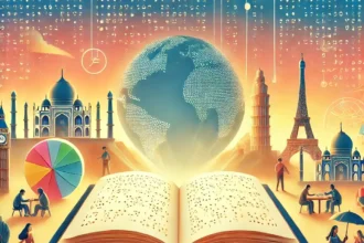 An illustration celebrating World Braille Day, featuring diverse individuals engaging with Braille books and displays. The scene symbolizes global inclusivity, with iconic landmarks in the background.