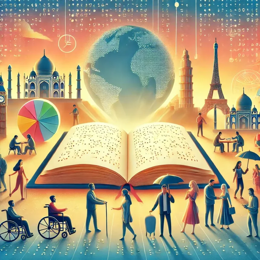 An illustration celebrating World Braille Day, featuring diverse individuals engaging with Braille books and displays. The scene symbolizes global inclusivity, with iconic landmarks in the background.