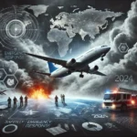 A conceptual artwork illustrating aviation disasters of 2024. The scene shows a modern airliner in distress under dark, stormy skies. Emergency response teams are visible in the foreground, and a faint global map with safety diagrams is subtly overlaid in the background, symbolizing worldwide safety lessons learned. The composition is dramatic yet respectful, emphasizing technology and human effort to improve aviation safety.