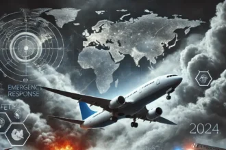 A conceptual artwork illustrating aviation disasters of 2024. The scene shows a modern airliner in distress under dark, stormy skies. Emergency response teams are visible in the foreground, and a faint global map with safety diagrams is subtly overlaid in the background, symbolizing worldwide safety lessons learned. The composition is dramatic yet respectful, emphasizing technology and human effort to improve aviation safety.