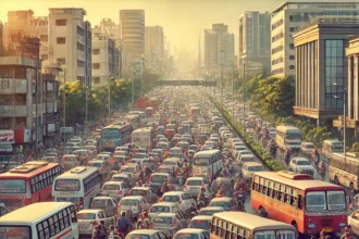 Bengaluru traffic congestion during peak hours as captured in 2023, showing dense vehicle queues on a city road.