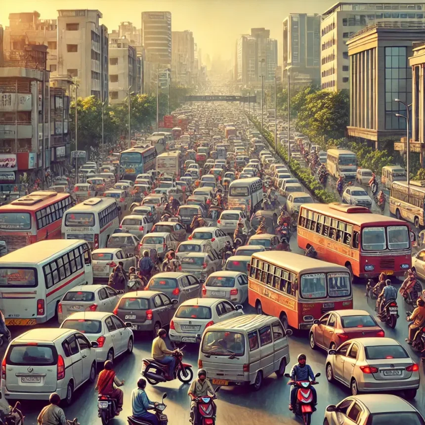 Bengaluru traffic congestion during peak hours as captured in 2023, showing dense vehicle queues on a city road.