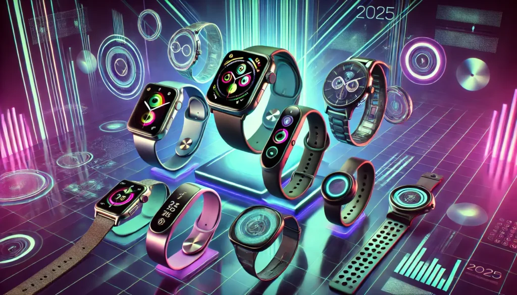 futuristic wearable tech devices for 2025, including smartwatches, fitness bands, AR glasses, and wearable rings on a vibrant, tech-inspired background.