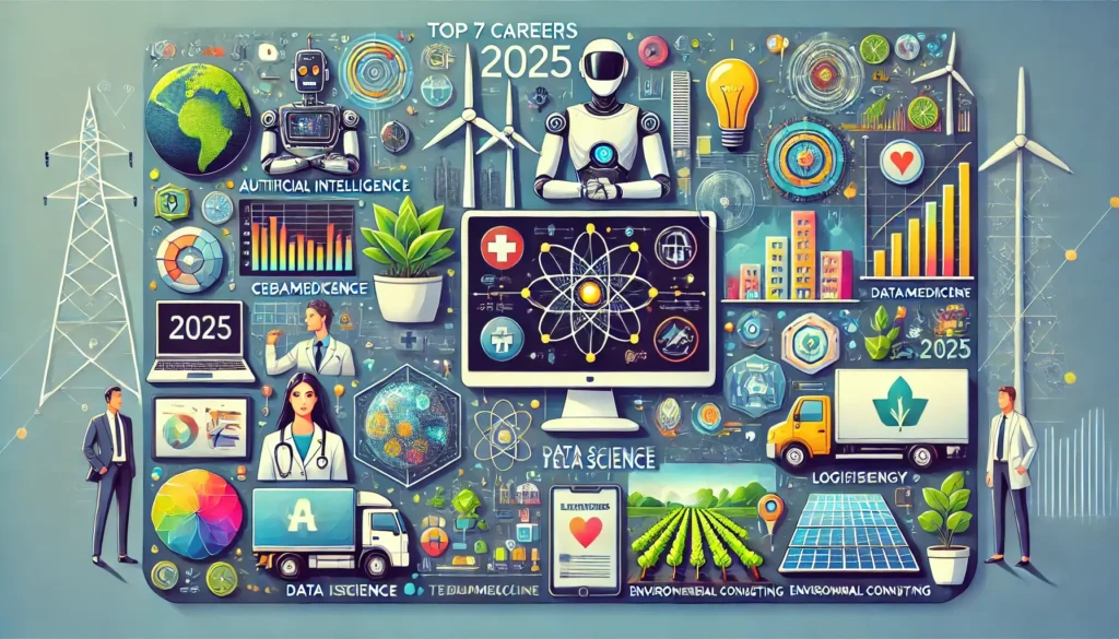 Horizontal futuristic illustration showcasing the top 7 careers of 2025, including artificial intelligence, cybersecurity, data science, telemedicine, renewable energy, logistics, and environmental consulting, with vibrant and modern visuals.