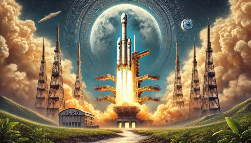 Artistic depiction of India's Chandrayaan-3 rocket launch from the Satish Dhawan Space Centre in Sriharikota, showcasing the spacecraft ascending into a clear blue sky with vibrant flames and smoke, symbolizing India's advancements in space exploration