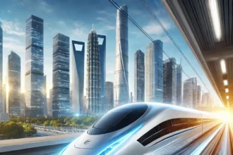 A sleek and futuristic high-speed train prototype, the CR450, gliding on a modern railway track with a vibrant city skyline in the background, showcasing advanced aerodynamic features and emphasizing speed and innovation.