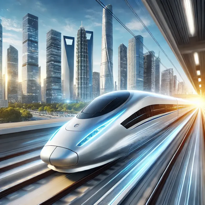 A sleek and futuristic high-speed train prototype, the CR450, gliding on a modern railway track with a vibrant city skyline in the background, showcasing advanced aerodynamic features and emphasizing speed and innovation.