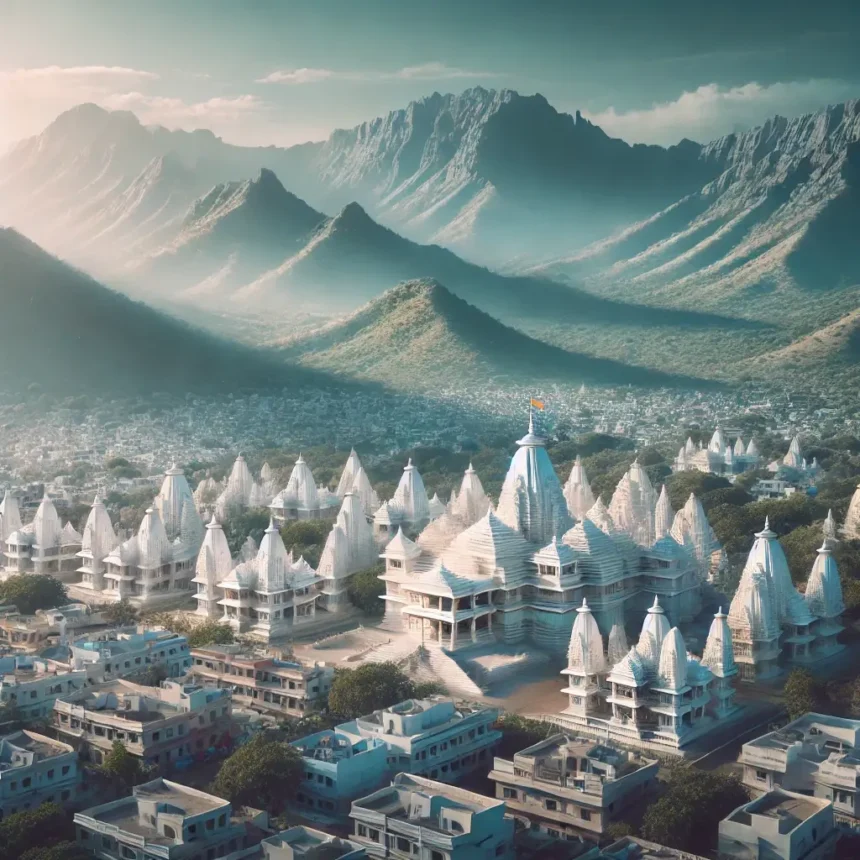 A serene aerial view of Palitana, Gujarat, showcasing the Shatrunjaya Hills with white Jain temples under a clear blue sky, symbolizing the world's first meat-free city