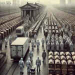 Overcrowded crematorium in China during a new virus outbreak, with grieving families in masks, stacks of urns, and workers in hazmat suits.