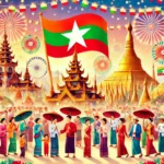 Celebrating Myanmar Independence Day with traditional attire, golden pagodas, and a vibrant festive spirit.