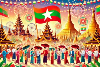 Celebrating Myanmar Independence Day with traditional attire, golden pagodas, and a vibrant festive spirit.