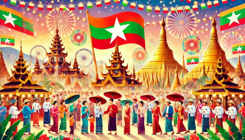 Celebrating Myanmar Independence Day with traditional attire, golden pagodas, and a vibrant festive spirit.