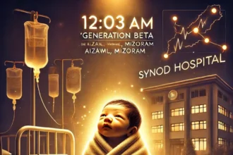 Illustration of Frankie, India’s first ‘Generation Beta’ baby, born on January 1, 2025, at Synod Hospital, Aizawl, Mizoram, symbolizing a historic generational milestone