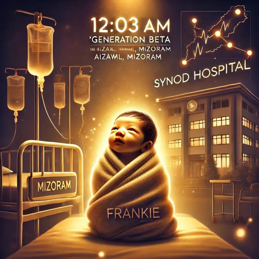 Illustration of Frankie, India’s first ‘Generation Beta’ baby, born on January 1, 2025, at Synod Hospital, Aizawl, Mizoram, symbolizing a historic generational milestone