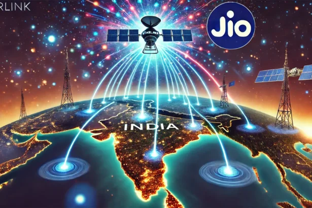 Starlink satellite beams internet over India, showcasing rivalry with Jio's terrestrial network, highlighting futuristic connectivity and competition