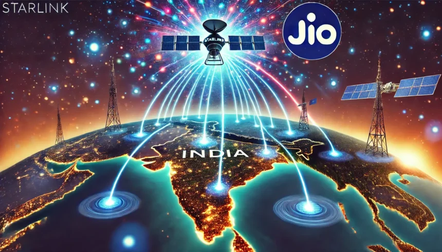 Starlink satellite beams internet over India, showcasing rivalry with Jio's terrestrial network, highlighting futuristic connectivity and competition