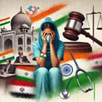 An illustration of a distressed Indian nurse in a foreign land, with a gavel representing justice in the background and flags of India, Yemen, and Iran symbolizing international involvement, reflecting themes of justice and humanitarian support