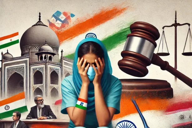 An illustration of a distressed Indian nurse in a foreign land, with a gavel representing justice in the background and flags of India, Yemen, and Iran symbolizing international involvement, reflecting themes of justice and humanitarian support