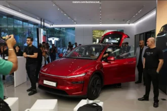 Tesla Model Y displayed at official launch in India showroom, showcasing sleek design and premium EV features at ₹59.89 Lakh.
