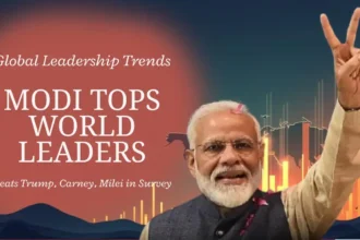 Modi is the most popular world leader in 2025 shown with victory sign, global approval chart, and bold headline in a landscape news graphic.