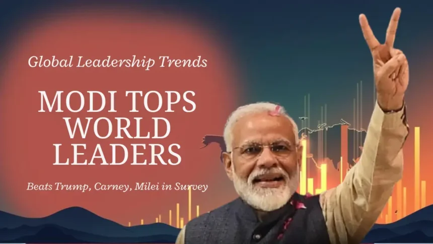 Modi is the most popular world leader in 2025 shown with victory sign, global approval chart, and bold headline in a landscape news graphic.