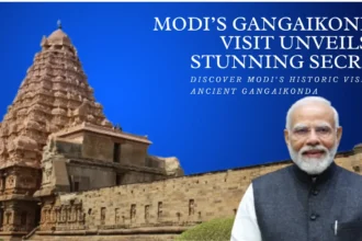PM Modi at Gangaikonda Cholapuram temple during his visit, highlighting the 1000-year-old Chola legacy and ancient Tamil Nadu heritage.