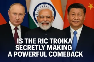 Leaders of the RIC Troika — Putin, Modi, and Xi — standing in front of national flags with headline text: ‘Is the RIC Troika Secretly Making a Powerful Comeback?