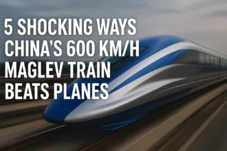 China’s 600 km/h Maglev train speeding on track with bold text overlay, showing how it beats planes in speed and innovation.