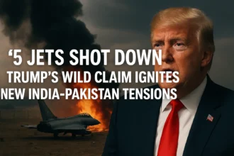 AI-generated landscape image showing Donald Trump with military jets and explosions in the background, symbolizing his claim of 5 jets shot down in India-Pakistan conflict.