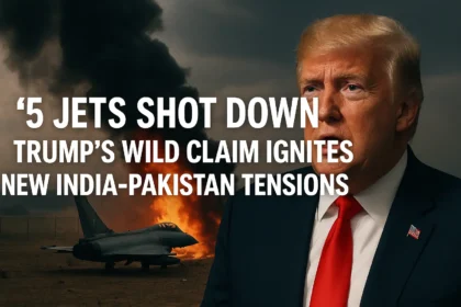 AI-generated landscape image showing Donald Trump with military jets and explosions in the background, symbolizing his claim of 5 jets shot down in India-Pakistan conflict.