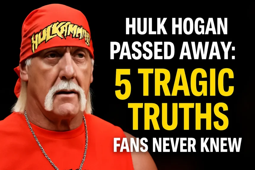 Hulk Hogan passed away at 71: A powerful graphic showing his iconic look with bold text revealing 5 tragic truths fans never knew.