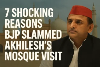 Akhilesh Yadav in front of a mosque with bold headline text as BJP slammed his mosque visit, sparking political and religious controversy.