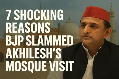 Akhilesh Yadav in front of a mosque with bold headline text as BJP slammed his mosque visit, sparking political and religious controversy.