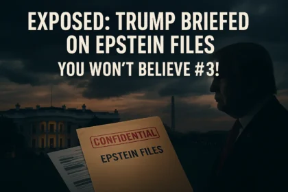 Trump briefed on Epstein files by DOJ, holding confidential folder—shocking revelations teased in political clickbait-style graphic.