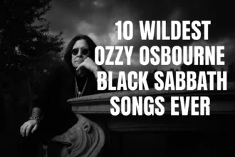 Black and white photo of Ozzy Osbourne lookalike with gothic vibes, perfect for showcasing wildest Black Sabbath songs. Bold headline text centered.