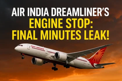 Air India Dreamliner’s engine stop — dramatic headline image showing Boeing 787 mid-flight against fiery sunset, highlighting final minutes before AI171 crash