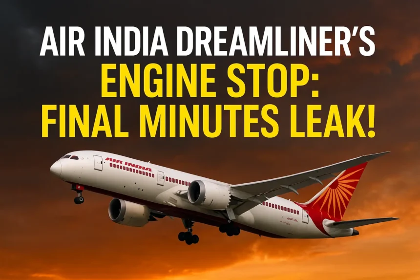 Air India Dreamliner’s engine stop — dramatic headline image showing Boeing 787 mid-flight against fiery sunset, highlighting final minutes before AI171 crash