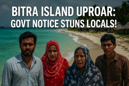 Worried villagers stand on Bitra Island's beach after a Govt notice says their home may be taken. Bitra Island uproar shocks locals and raises questions.