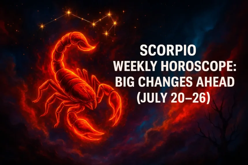 Mystical Scorpio zodiac illustration with fiery tones and starry background, designed for astrology blogs and weekly horoscope visuals.
