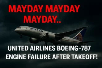 United Airlines Boeing 787 suffers engine failure after takeoff; MAYDAY distress call issued amid dramatic sky — serious aviation emergency incident